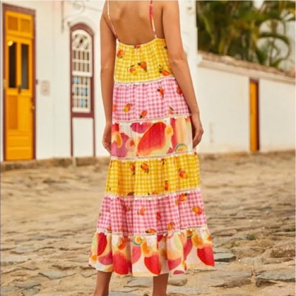 Farm Rio Mixed Picnic Cashew Dress Women's S Maxi Colorful Adjustable Halter - Picture 2 of 13